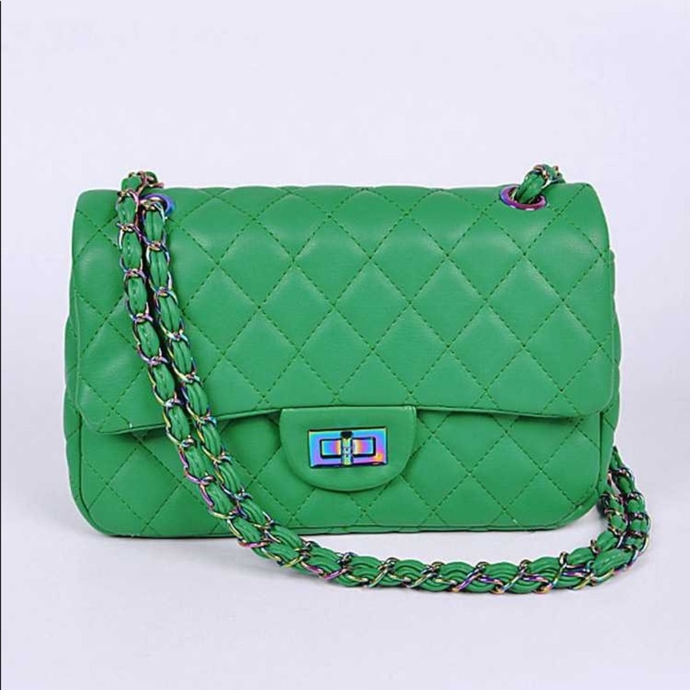 J. ELISE BOUTIQUE NEW KELLY Green Iridescent Accent Quilted Classic Shoulder Bag - Picture 1 of 6